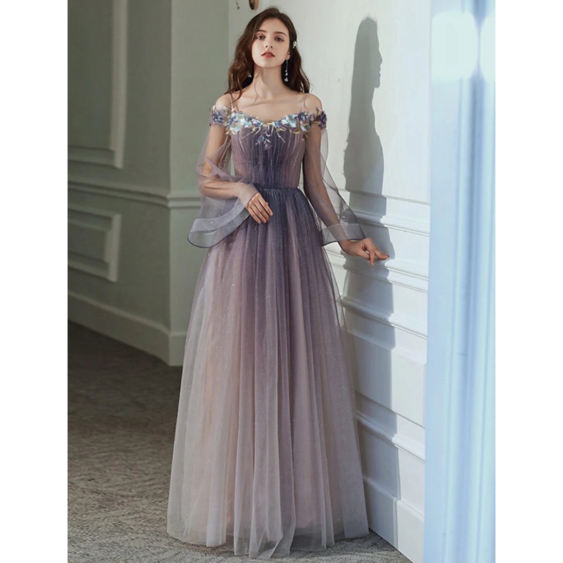 A-Line Minimalist Elegant Party Wear Prom Dress Off Shoulder Long Sleeve Floor Length Tulle with Appliques