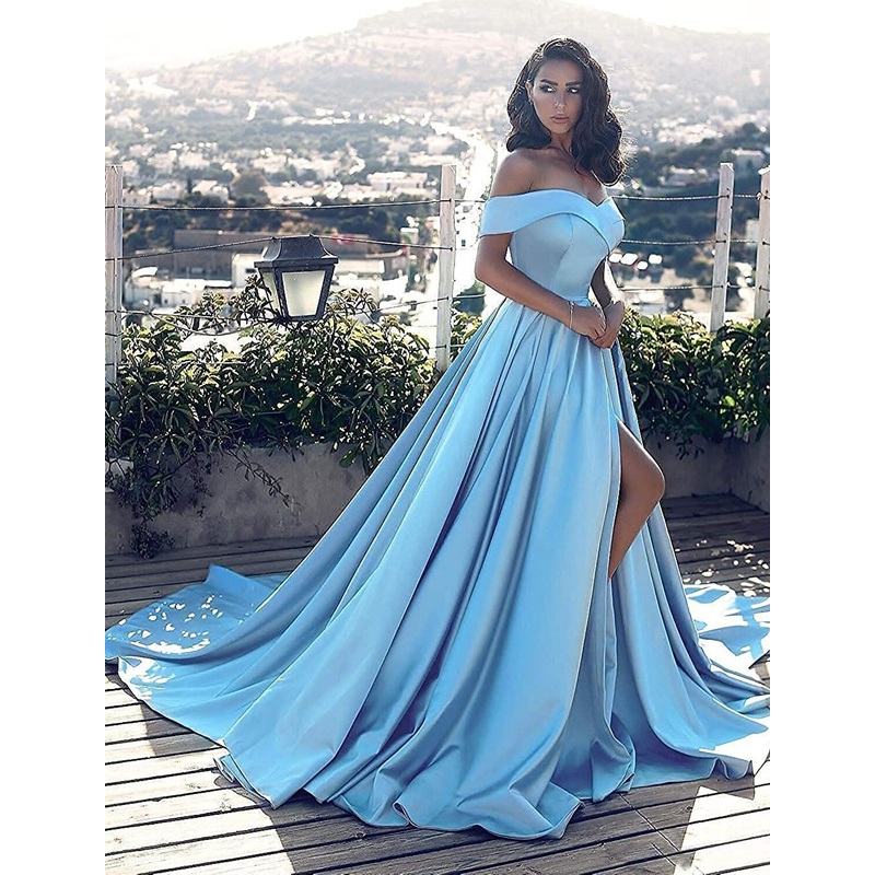 A-Line Minimalist Sexy Prom Formal Evening Dress Off Shoulder Sleeveless Chapel Train Satin with Split Front