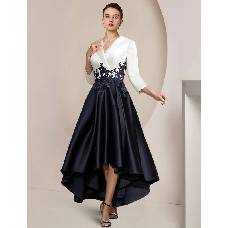 A-Line Mother of the Bride Dress Formal Wedding Guest Elegant High Low Shirt Collar Asymmetrical Tea Length Satin Lace 3/4 Length Sleeve with Appliques Color Block