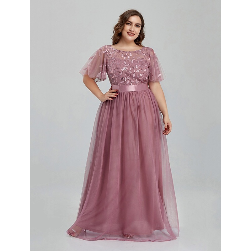 A-Line Prom Dresses Elegant Dress Party Wear Floor Length Short Sleeve Jewel Neck Tulle with Embroidery Splicing