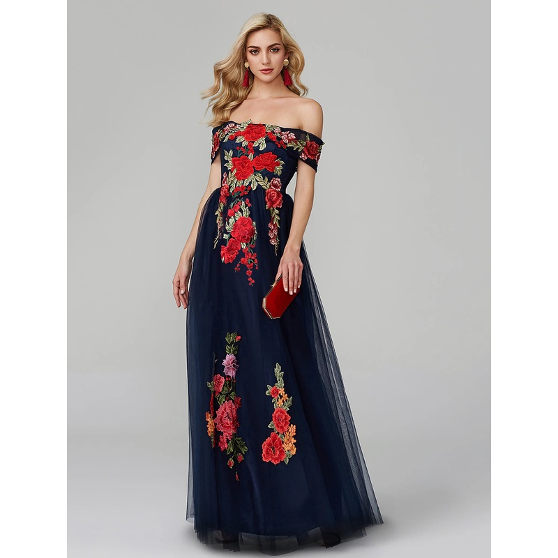 A-Line Prom Dresses Floral Dress Wedding Guest Floor Length Sleeveless Off Shoulder Lace Over Tulle with Embroidery Appliques