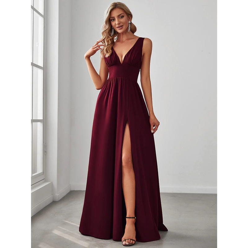 A-Line Prom Dresses High Split Dress Wedding Guest Floor Length Sleeveless V Neck Chiffon V Back with Slit Pure Color