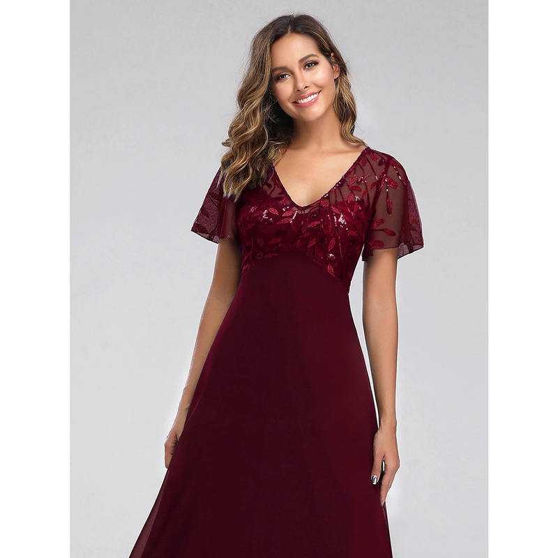 A-Line Wedding Guest Dresses Elegant Dress Fall Floor Length Short Sleeve V Neck Bridesmaid Dress Tulle with Sequin Appliques
