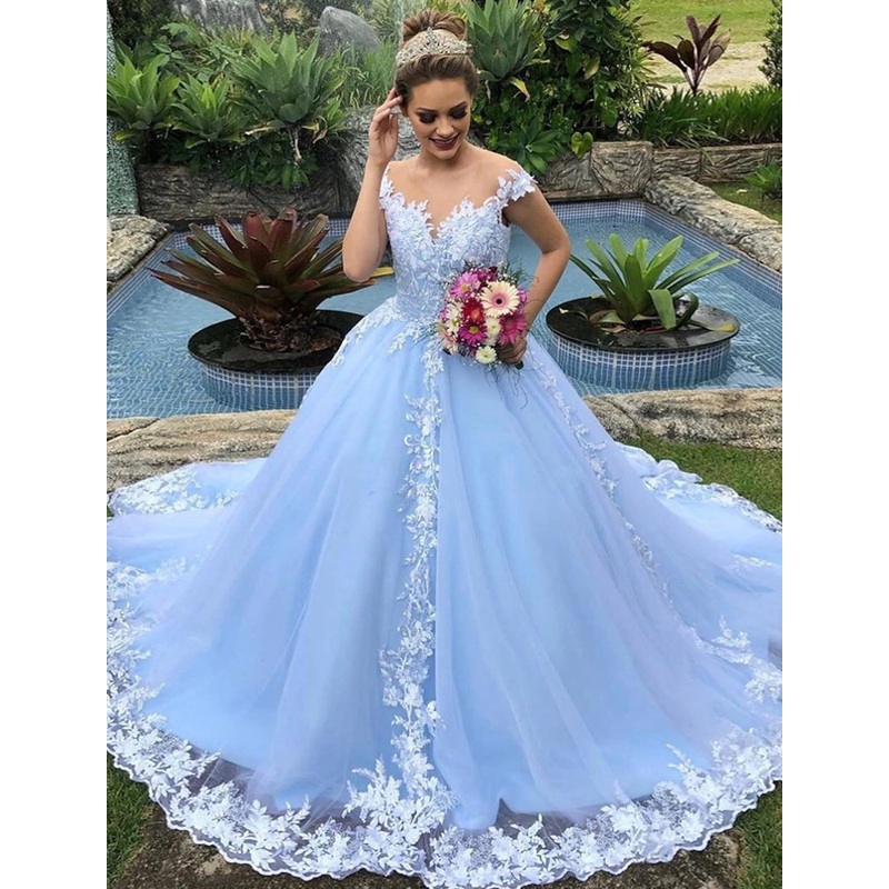 Engagement Fall Wedding Dresses in Color Formal Ball Gown V Neck Cap Sleeve Chapel Train Lace Bridal Gowns With Appliques 2023 Summer Wedding Party