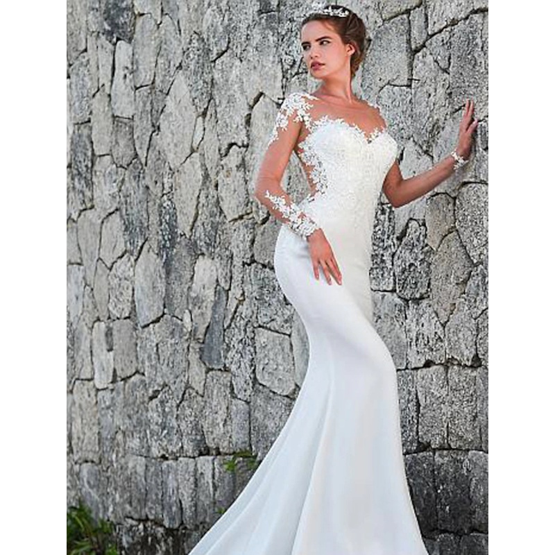 Engagement Open Back Formal Fall Wedding Dresses Mermaid / Trumpet Illusion Neck Long Sleeve Court Train Lace Bridal Gowns With Appliques Summer Wedding Party