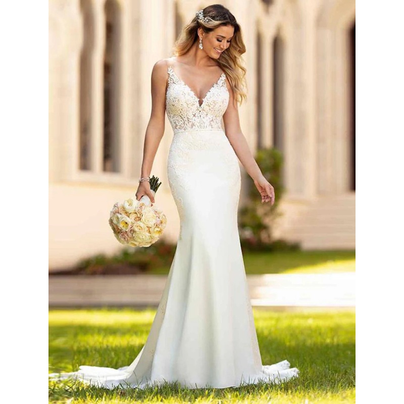 Engagement Open Back Sexy Formal Wedding Dresses Mermaid / Trumpet V Neck Sleeveless Court Train Lace Bridal Gowns With Appliques 2023 Summer Wedding Party