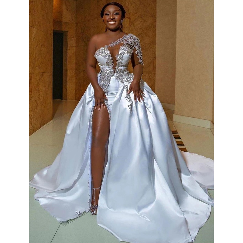Formal Wedding Dresses Ball Gown One Shoulder Regular Straps Court Train Satin Bridal Gowns With Beading Split Front Summer Wedding Party