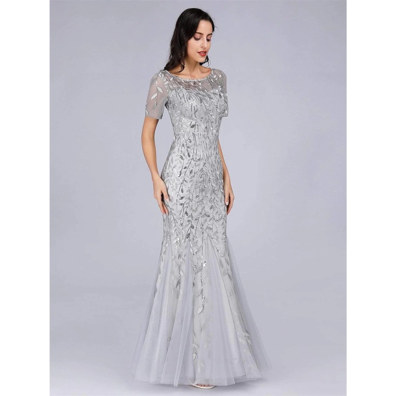Mermaid / Trumpet Empire Elegant Party Wear Formal Evening Dress Jewel Neck Short Sleeve Floor Length Tulle with Embroidery / Illusion Sleeve