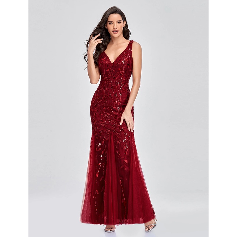 Mermaid / Trumpet Empire Elegant Party Wear Formal Evening Valentine's Day Dress V Neck V Back Sleeveless Floor Length Tulle with Embroidery