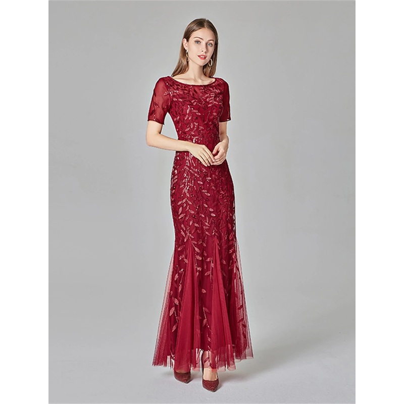 Mermaid / Trumpet Evening Gown Empire Dress Prom Floor Length Short Sleeve Jewel Neck Fall Wedding Guest Tulle with Embroidery