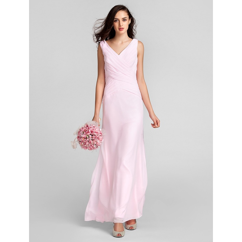 Sheath / Column Bridesmaid Dress V Neck Sleeveless Floor Length Chiffon with Criss Cross