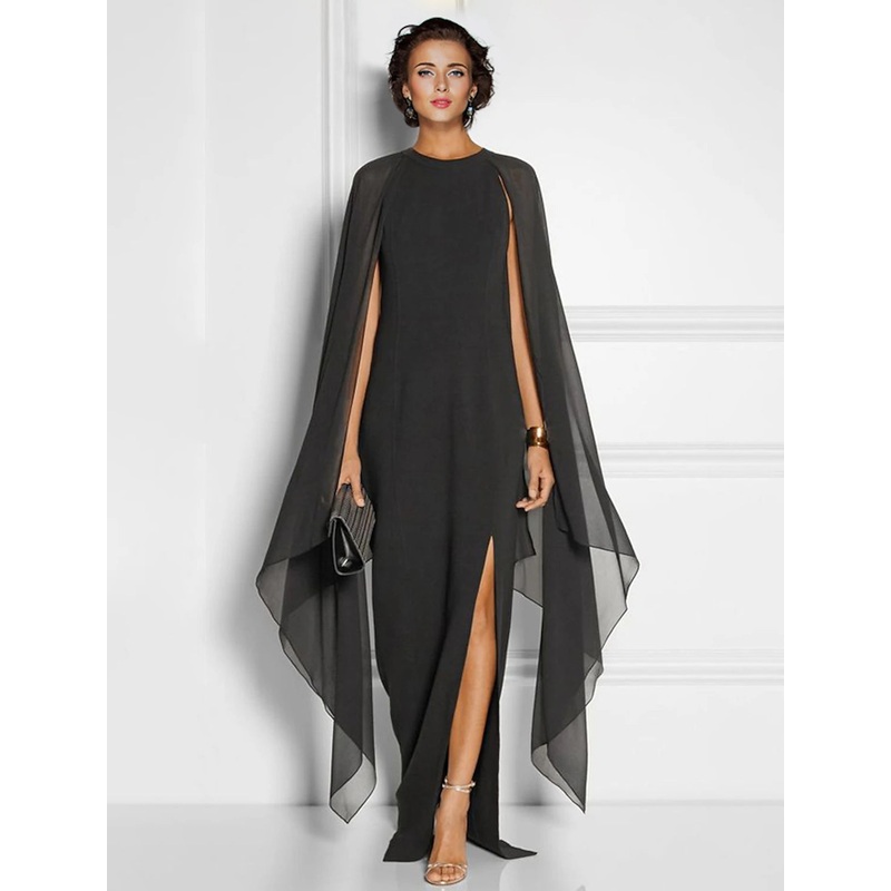 Sheath / Column Party Dresses Elegant Dress Wedding Guest Floor Length Sleeveless Jewel Neck Fall Wedding Guest Chiffon with Slit