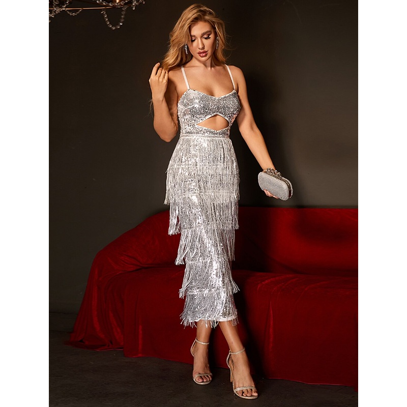 Sheath / Column Party Dresses Sparkle & Shine Dress Homecoming Tea Length Sleeveless Spaghetti Strap Sequined with Sequin Tassel