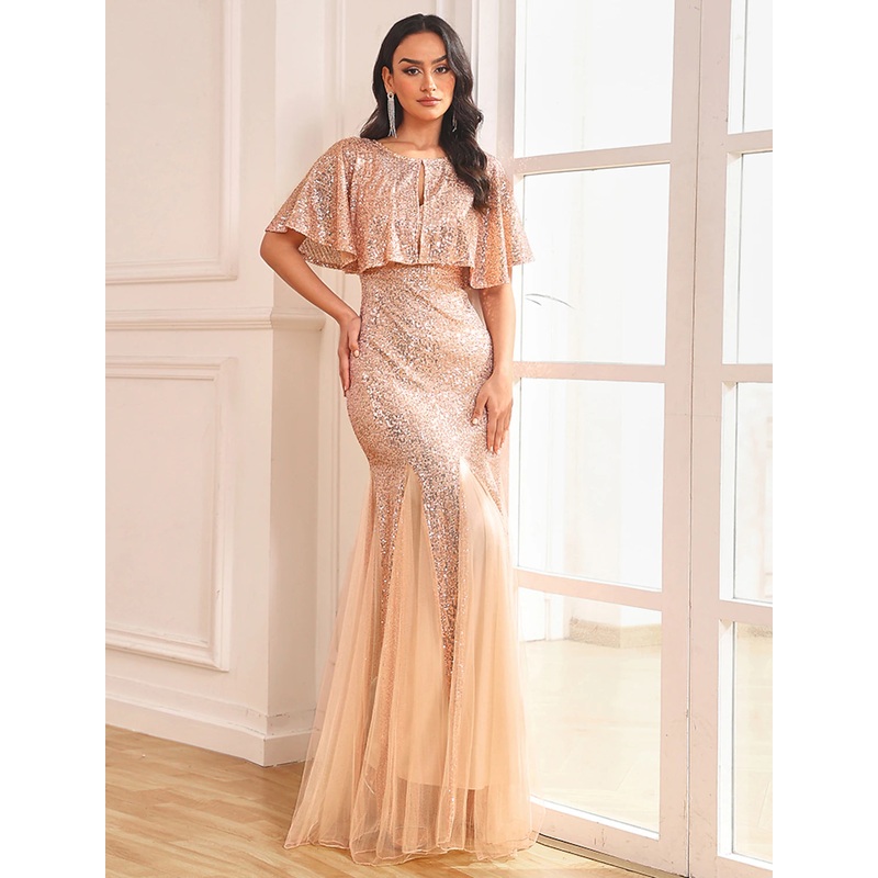 Two Piece Mermaid / Trumpet Party Dresses Sparkle & Shine Dress Prom Floor Length Sleeveless V Neck Capes Tulle V Back with Sequin Shawl
