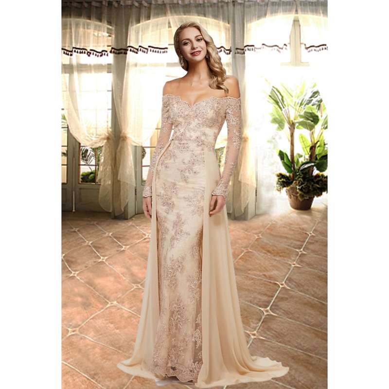 A-Line Appliques Prom Dress Long Off Shoulder Luxurious Elegant Engagement Formal Evening Gown Sweetheart Neckline Long Sleeve Sweep / Brush Train Lace with Overskirt