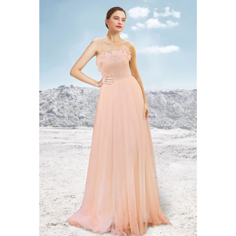 A-Line Evening Gown Elegant Dress Formal Wedding Party Sweep / Brush Train Sleeveless Strapless Tulle with Pleats