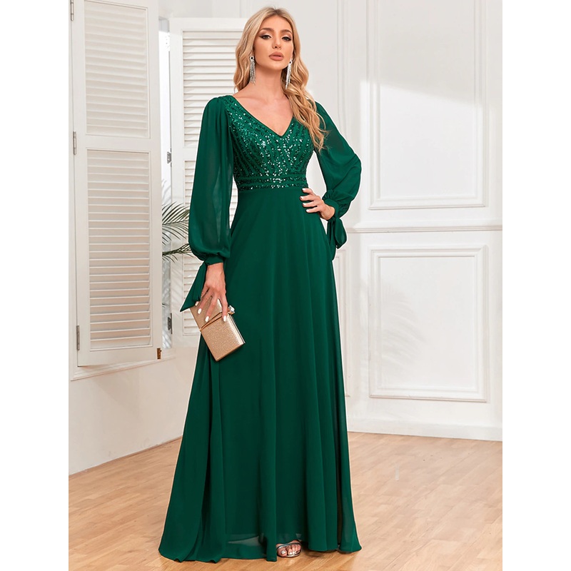 A-Line Evening Gown Empire Dress Evening Party Wedding Reception Floor Length Long Sleeve V Neck Fall Wedding Guest Chiffon V Back with Sequin