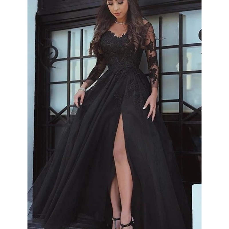 A-Line Evening Gown Floral Dress Formal Evening Floor Length Long Sleeve V Neck Wednesday Addams Family Lace with Slit Lace Insert