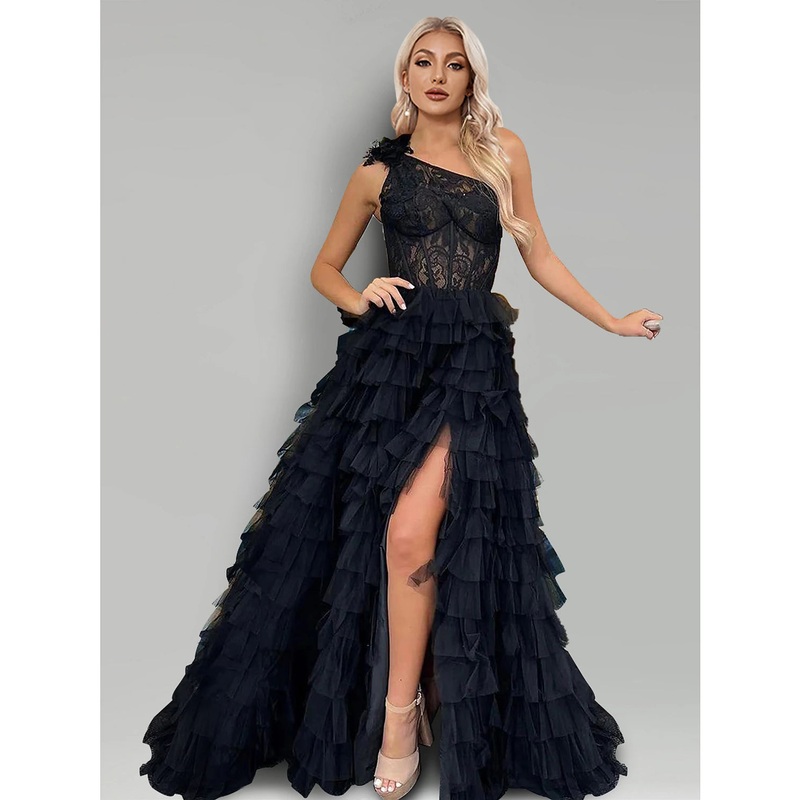 A-Line Evening Gown Floral Dress Wedding Party Semi Formal Sweep / Brush Train Sleeveless One Shoulder Lace with Slit Appliques