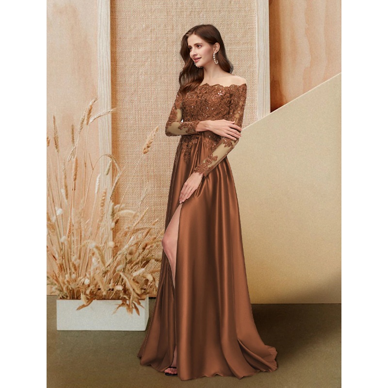 A-Line Evening Gown Glittering Dress Engagement Formal Evening Floor Length Long Sleeve Off Shoulder Satin with Sequin Slit Lace Insert