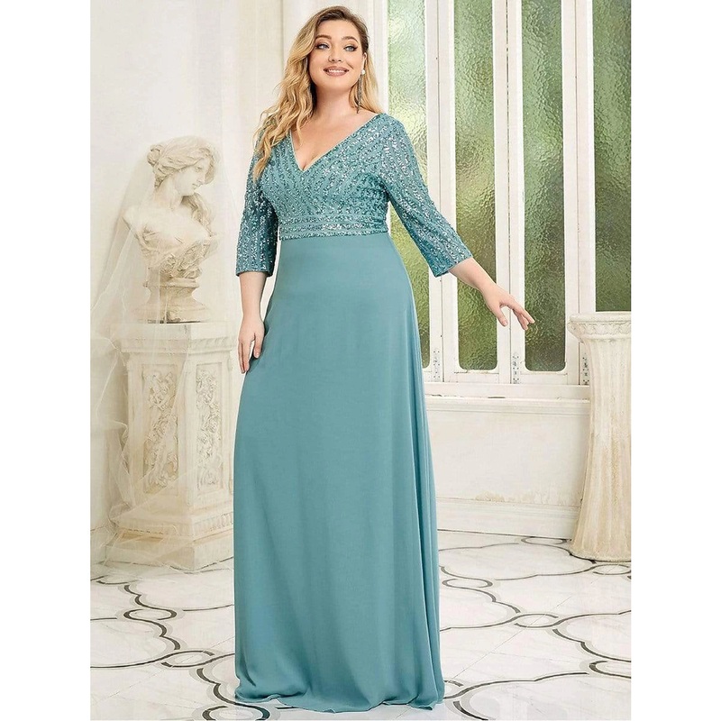A-Line Evening Gown Plus Size Dress Wedding Guest Black Tie Floor Length 3/4 Length Sleeve V Neck Chiffon V Back with Sequin