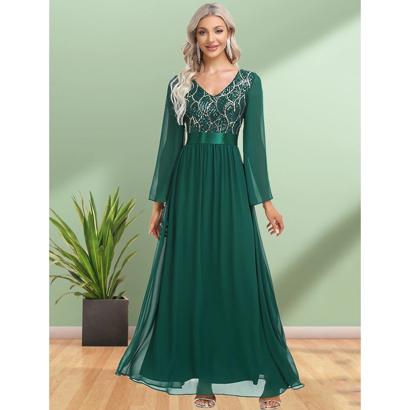 A-Line Evening Gown Sparkle & Shine Dress Party Wear Wedding Guest Floor Length Long Sleeve V Neck Chiffon with Sequin