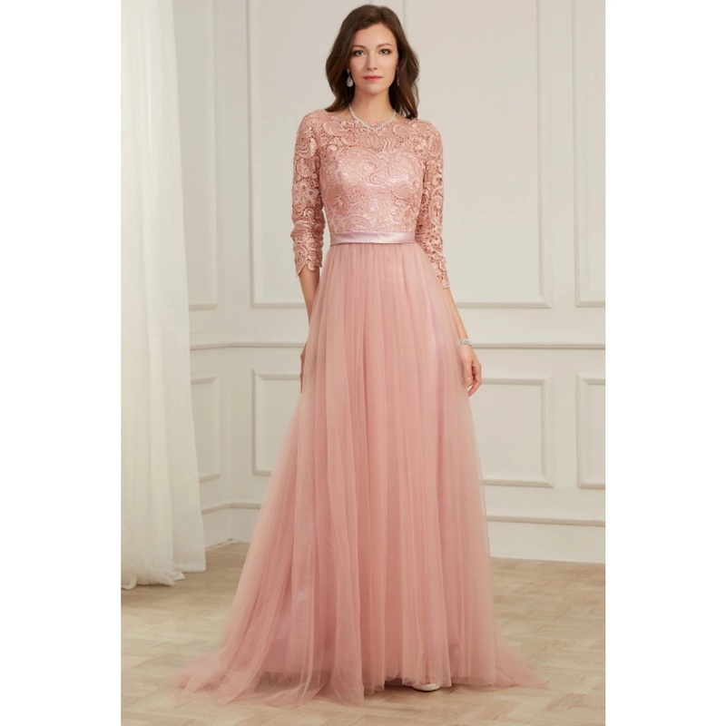 A-Line Evening Gown Spring Dress Party Wear Formal Evening Sweep / Brush Train Long Sleeve Jewel Neck Lace with Appliques