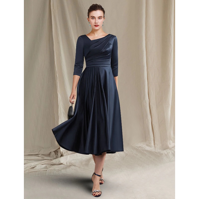 A-Line Mother of the Bride Dress Elegant Bateau Neck V Neck Tea Length Satin Half Sleeve with Pleats Ruched
