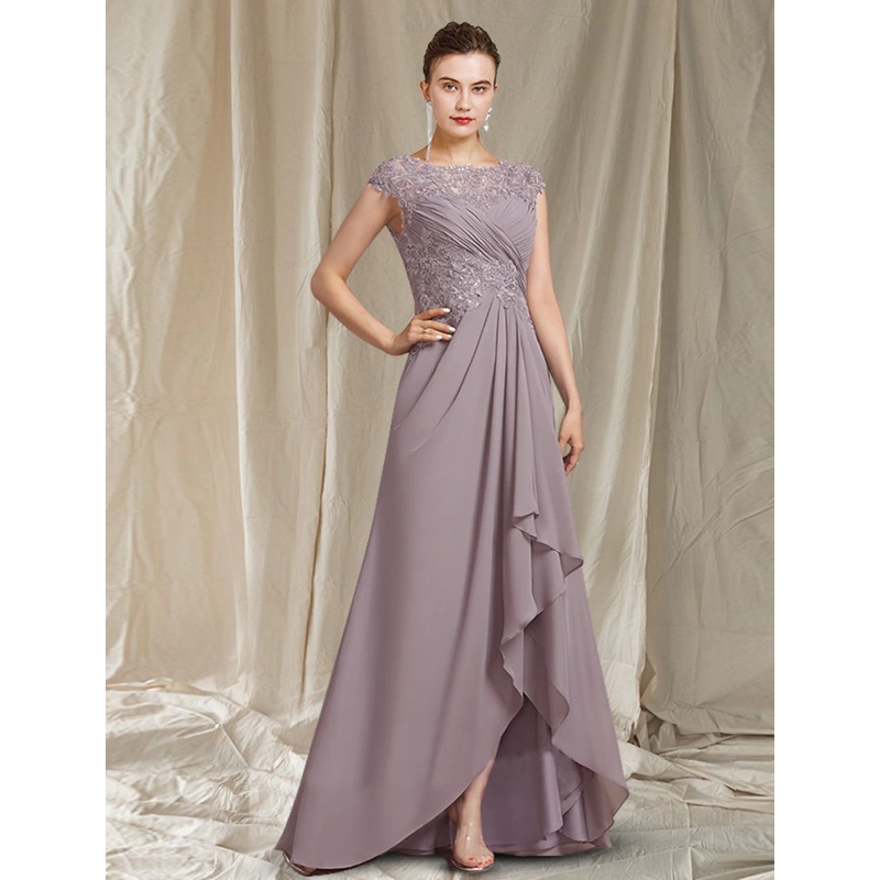 A-Line Mother of the Bride Dress Elegant High Low Jewel Neck Asymmetrical Floor Length Chiffon Lace Short Sleeve with Pleats Sequin Appliques