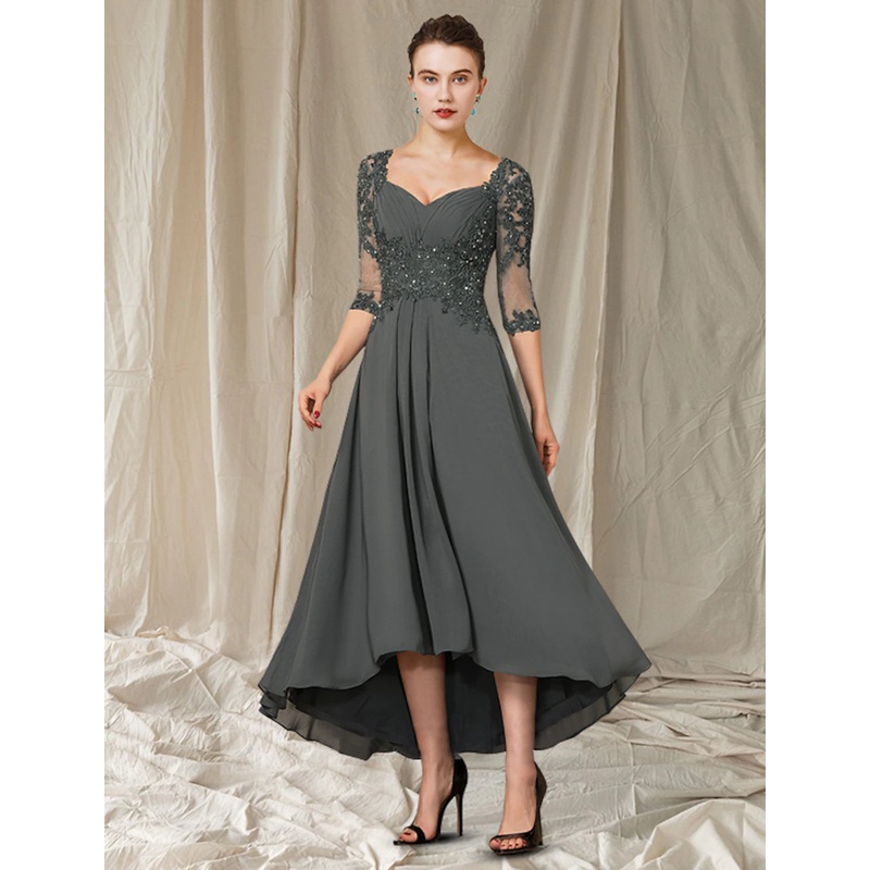 A-Line Mother of the Bride Dress Elegant High Low V Neck Asymmetrical Ankle Length Chiffon Lace Half Sleeve with Pleats Appliques