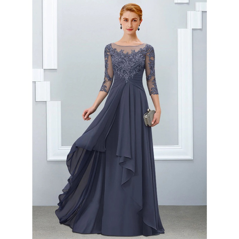 A-Line Mother of the Bride Dress Elegant Jewel Neck Floor Length Chiffon Lace Half Sleeve with Ruffles Appliques