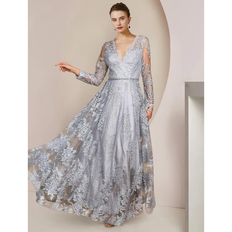 A-Line Mother of the Bride Dress Formal Wedding Guest Elegant V Neck Floor Length Tea Length Lace Long Sleeve with Appliques Crystal Brooch