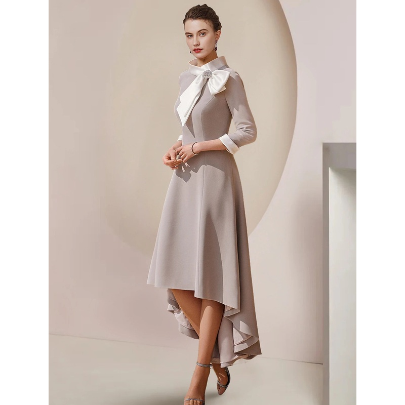 A-Line Mother of the Bride Dress Formal Wedding Guest Party Elegant High Neck Asymmetrical Tea Length Satin 3/4 Length Sleeve with Bow(s) Crystal Brooch