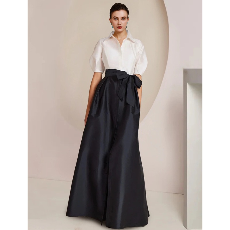 A-Line Mother of the Bride Dress Formal Wedding Guest Party Elegant Shirt Collar Floor Length Taffeta Short Sleeve with Bow(s) Color Block