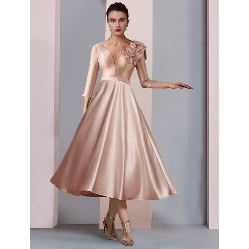 A-Line Mother of the Bride Dress Formal Wedding Guest Party Elegant V Neck Tea Length Satin Lace Half Sleeve with Flower