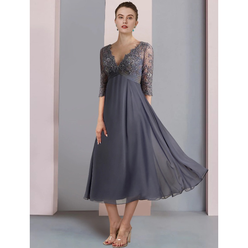 A-Line Mother of the Bride Dress Formal Wedding Guest Vintage Elegant V Neck Tea Length Chiffon Lace Half Sleeve with Beading Sequin Appliques