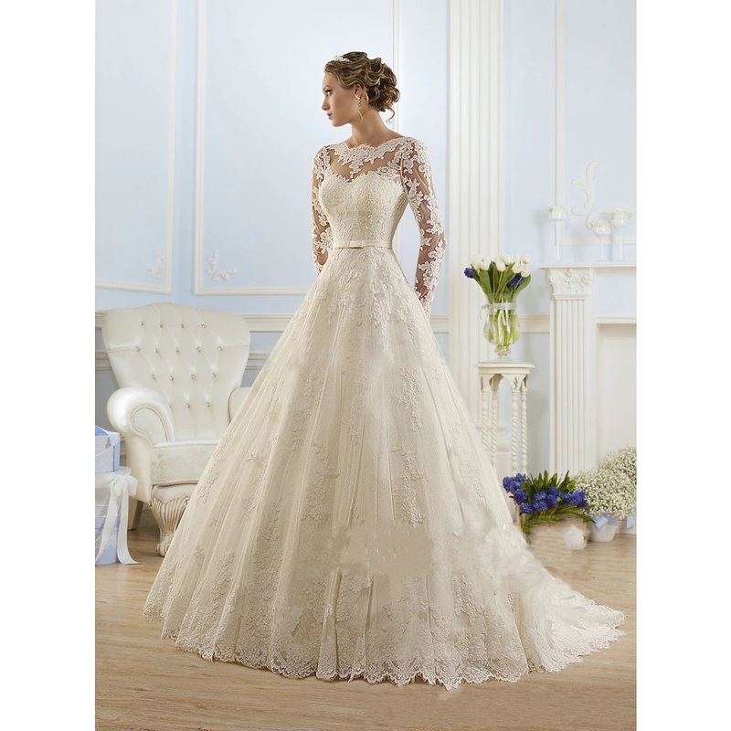 Engagement Formal Fall Wedding Dresses Ball Gown Illusion Neck Long Sleeve Court Train Lace Church Bridal Gowns With Appliques Summer Wedding Party