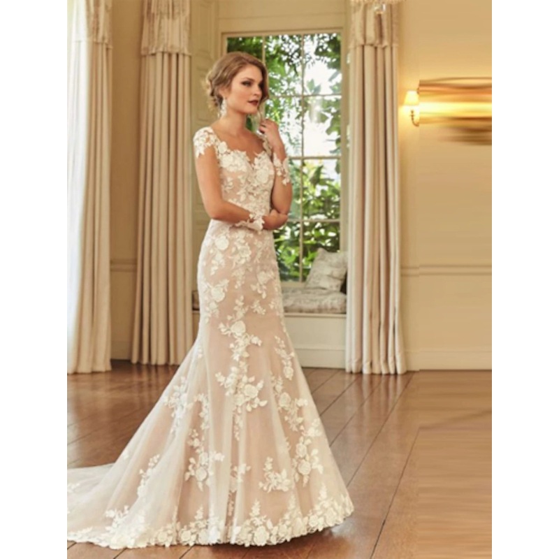 Engagement Formal Fall Wedding Dresses Mermaid / Trumpet Illusion Neck Long Sleeve Court Train Lace Bridal Gowns With Embroidery Summer Wedding Party