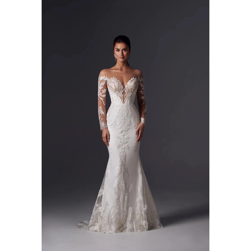 Engagement Formal Fall Wedding Dresses Mermaid / Trumpet Off Shoulder Long Sleeve Court Train Satin Church Bridal Gowns With Appliques Solid Color Summer Wedding Party