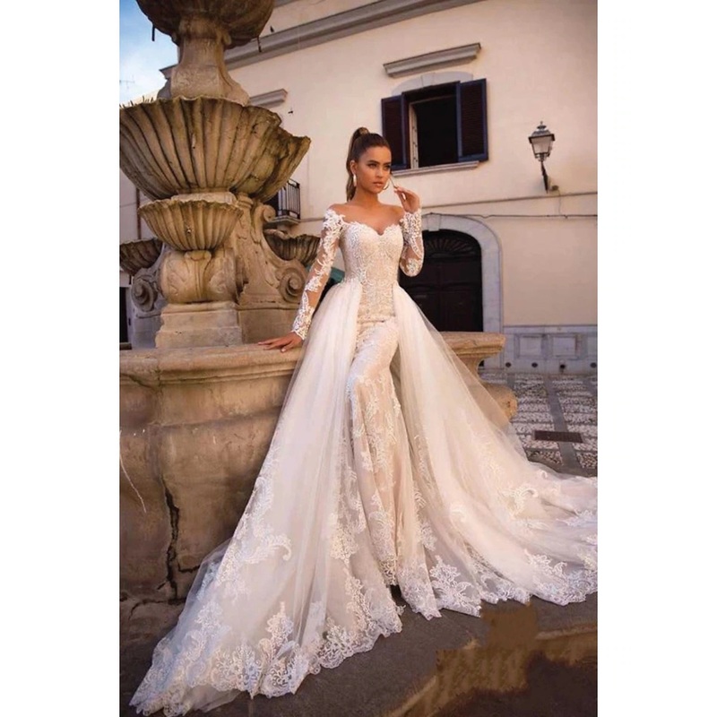 Engagement Formal Fall Wedding Dresses Two Piece Sweetheart Long Sleeve Court Train Lace Outdoor Bridal Gowns With Appliques Summer Wedding Party