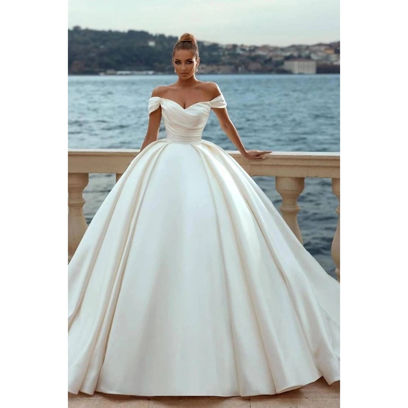 Engagement Formal Wedding Dresses Ball Gown Off Shoulder Cap Sleeve Court Train Satin Church Bridal Gowns With Ruched Solid Color Summer Fall Wedding Partyr Summer Fall Wedding Party