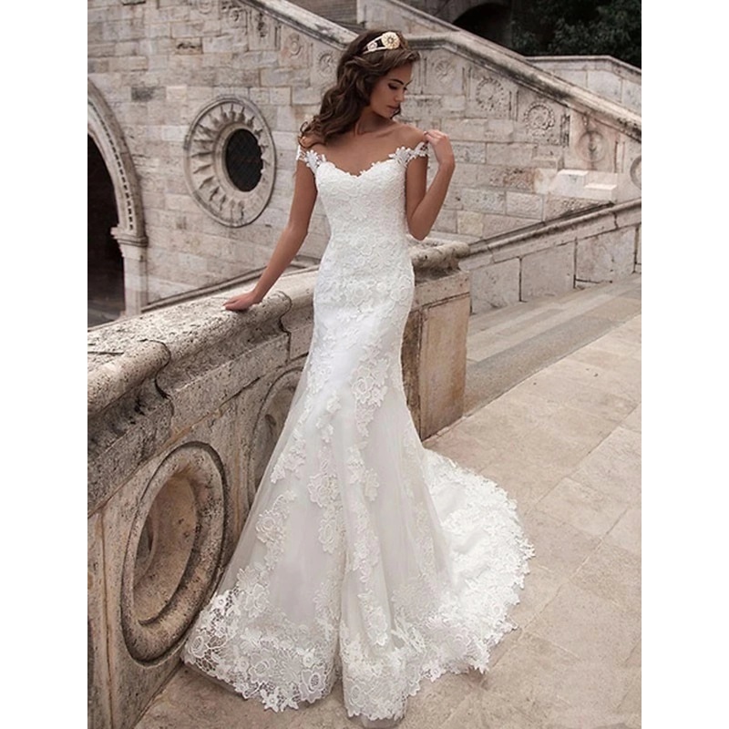Engagement Open Back Formal Wedding Dresses Mermaid / Trumpet Off Shoulder Cap Sleeve Court Train Lace Bridal Gowns With Appliques Summer Wedding Party