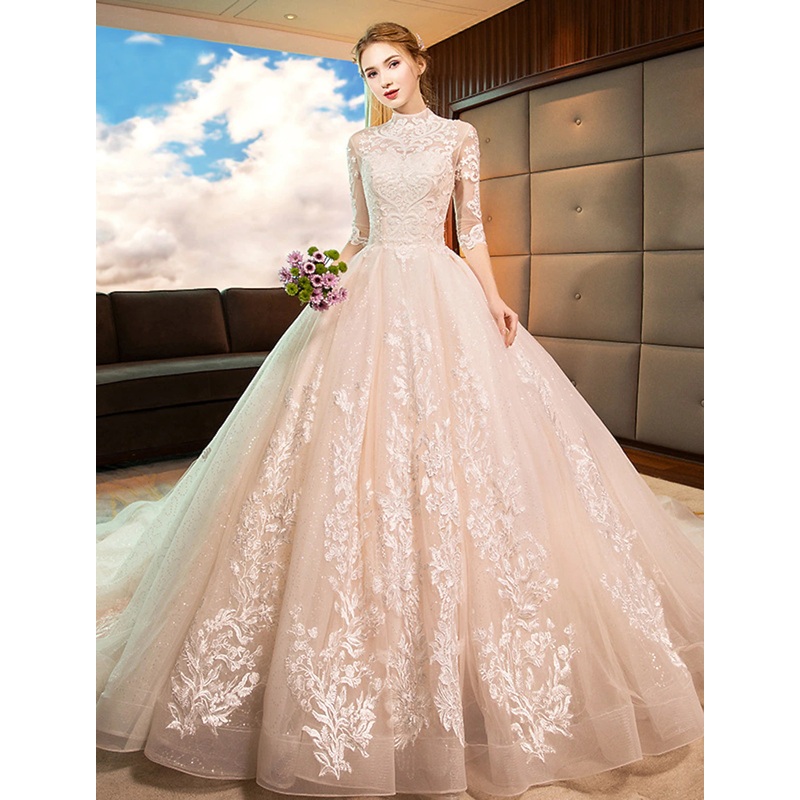 Engagement Sparkle & Shine Formal Fall Wedding Dresses Ball Gown High Neck Long Sleeve Cathedral Train Lace Bridal Gowns With Sequin Appliques Summer Wedding Party
