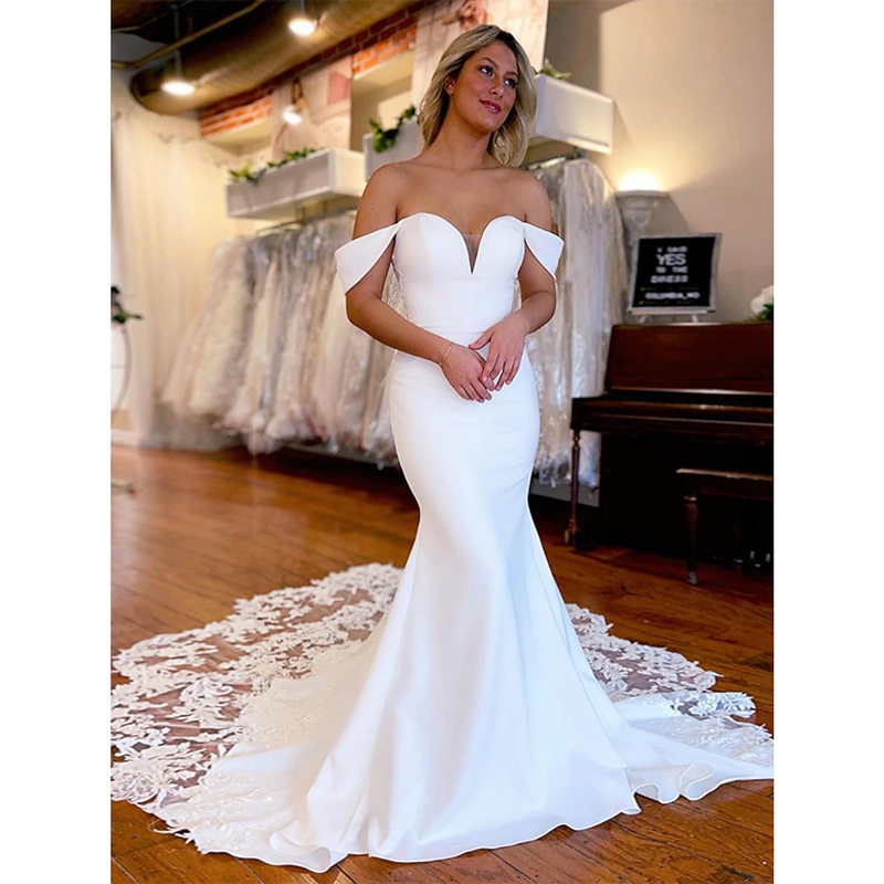 Formal Wedding Dresses Mermaid / Trumpet Off Shoulder Sleeveless Chapel Train Stretch Fabric Bridal Gowns With Appliques Summer Wedding Party