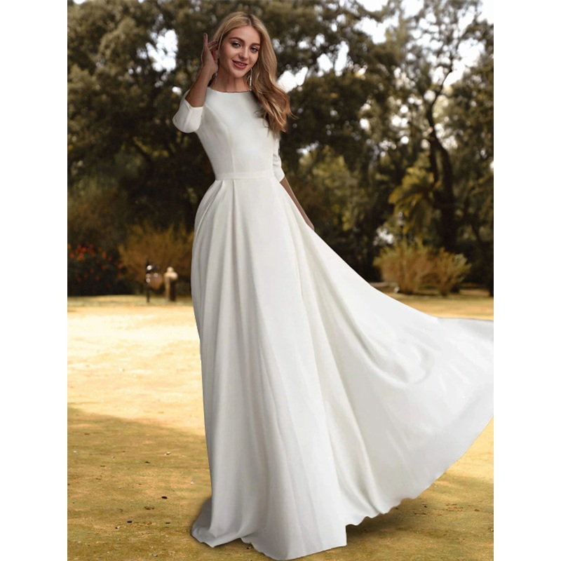 Hall Casual Fall Wedding Dresses A-Line Scoop Neck 3/4 Length Sleeve Sweep / Brush Train Stretch Fabric Bridal Gowns With Pleats Solid Color Summer Wedding Party