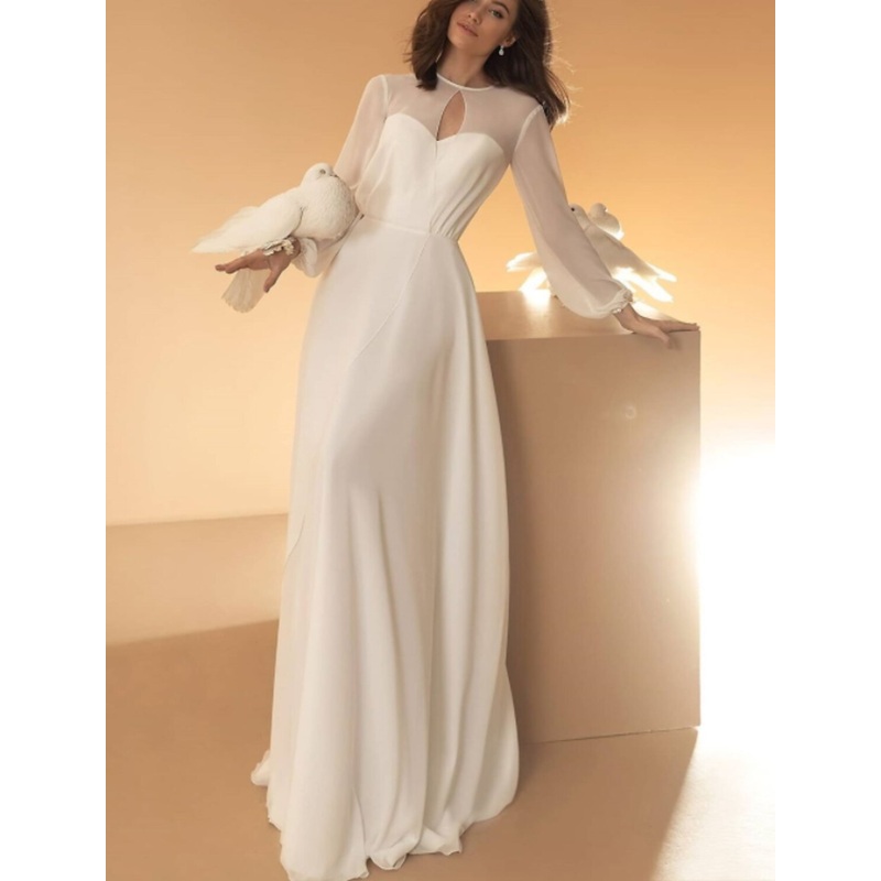 Hall Casual Wedding Dresses A-Line Illusion Neck Long Sleeve Floor Length Chiffon Bridal Gowns With Summer Wedding Party