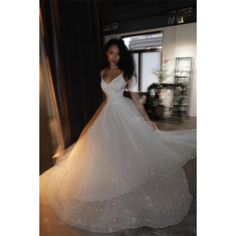Hall Sparkle & Shine Casual Wedding Dresses A-Line Camisole V Neck Spaghetti Strap Sweep / Brush Train Sequined Bridal Gowns With Solid Color Summer Fall Wedding Party