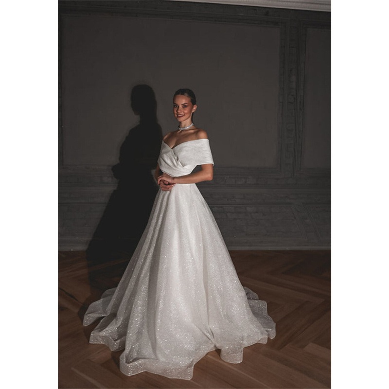 Hall Sparkle & Shine Casual Wedding Dresses A-Line Off Shoulder Cap Sleeve Sweep / Brush Train Sequined Bridal Gowns With Solid Color 2023 Summer Wedding Party