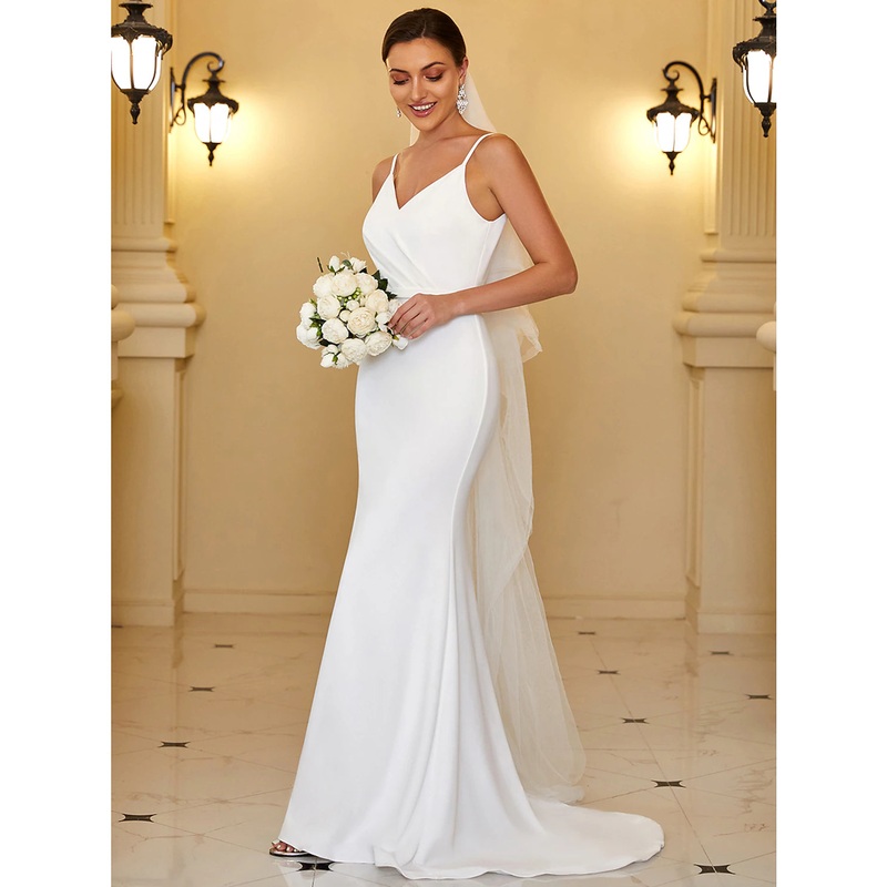 Reception Casual Wedding Dresses Mermaid / Trumpet Camisole V Neck Spaghetti Strap Sweep / Brush Train Stretch Fabric Bridal Gowns With Ruched Draping Summer Wedding Party