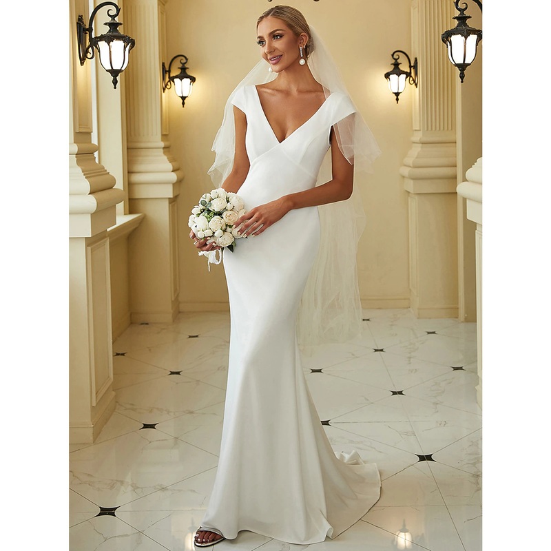 Reception Casual Wedding Dresses Mermaid / Trumpet V Neck Cap Sleeve Sweep / Brush Train Stretch Fabric Bridal Gowns With Draping Solid Color Summer Wedding Party